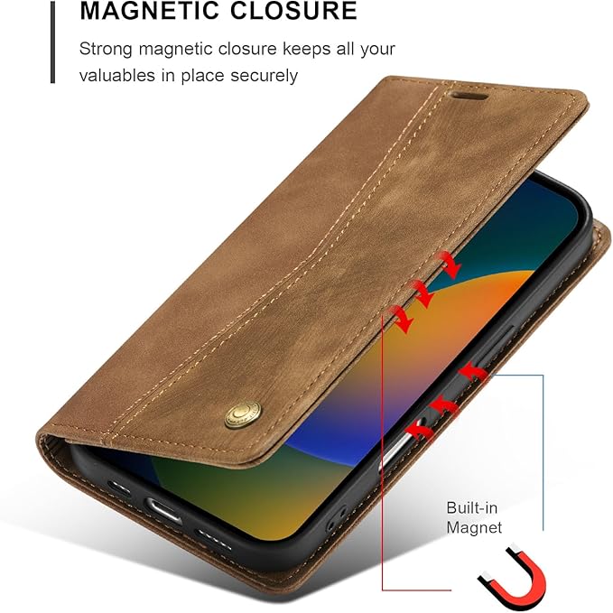 QLTYPRI for iPhone 16 Plus Case Wallet with Card Holder, Vintage PU Leather Kickstand Magnetic Closure Shockproof Folio Book Cover Case for iPhone 16 Plus - Retro Brown