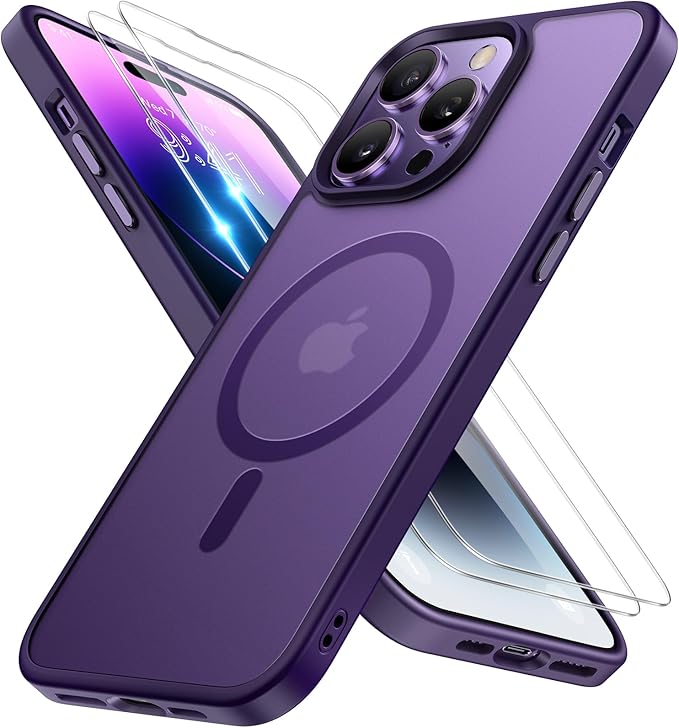 Miracase Magnetic for iPhone 14 Pro Max Case 6.7 inch (Compatible with MagSafe)（with 2X Screen Protectors） Military-Grade Protection, Anti-Fingerprint Translucent Matte Phone Case Cover, Dark Purple
