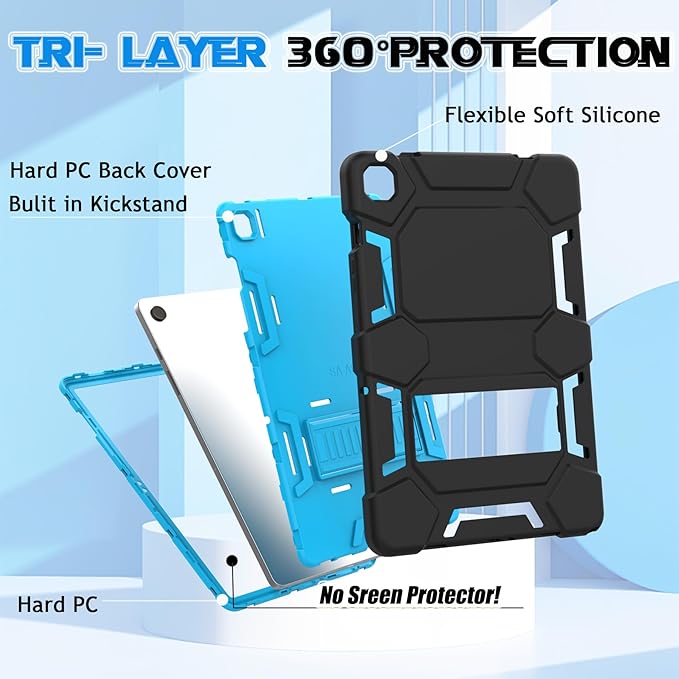 Case for Samsung Galaxy Tab A9+/A9 Plus 11 Inch (2024), Heavy Duty Rugged Shockproof 3-Layers Protective Case with Kickstand for SM-X210/X216/X218, Black+SkyBlue