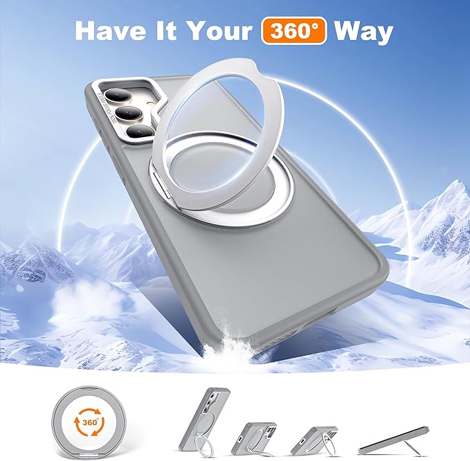 for Samsung Galaxy S25 Case with 360°Rotatable Magnetic Ring Stand Compatible with Mag-Safe Military Protection Shockproof Matte Translucent Phone Cases for Samsung Galaxy S25,Gray
