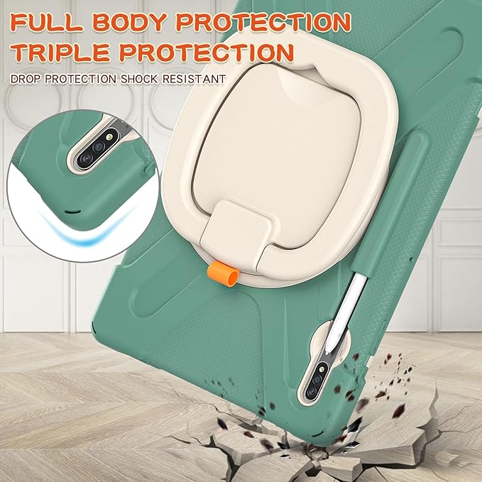 360 Rotation Portable Case for Galaxy Tab S8+/S7 FE/S7+ 12.4 Inch Case with S Pen Holder Rugged Case Rotating Stand Hand Strap Shoulder Carrying Strap Outdoor Cover (DarkGreen)