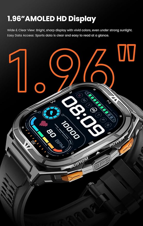 2025 GPS Sports Smart Watch for Men & Women, 1.96" AMOLED Display Fitness Tracker with Heart Rate, Blood Oxgn, Sleep Monitor, 100+ Sports Modes, Waterproof 5ATM, Compatible with Android & iOS (Black)