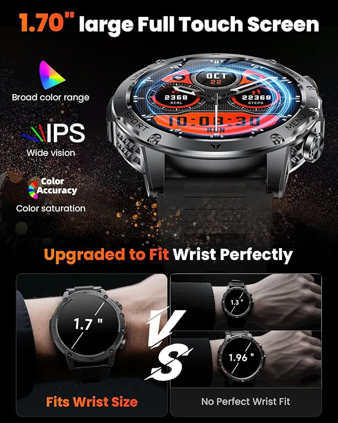 Military Smart Watches for Men, 1.7″ Smart Watch with 1000 mAh Battery, Led Flashlight, Answer/Make Calls, IP68 Waterproof, Heart Rate/Sleep Monitor 100+ Sport Modes Fitness Watch for Android/iPhone