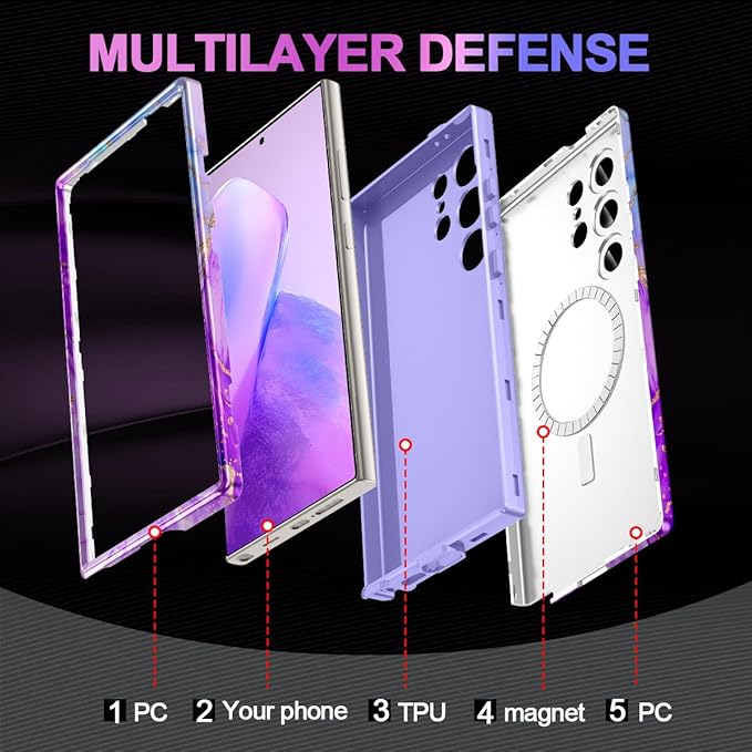 Casetego for Galaxy S24 Ultra Case,Compatible with MagSafe,[Military Grade Drop Test] Full Body Protection Slim Shockproof Rugged Marble Women Case for Samsung Galaxy S24 Ultra 6.8 inch,Bright Purple