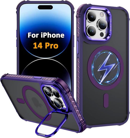 Magnetic for iPhone 14 Pro Case Purple with MagSafe Wireless Charging Heavy Duty Military-Grade Shockproof Protection Adjustable Kickstand Slim Matte Anti-Fingerprint Cover Men Women