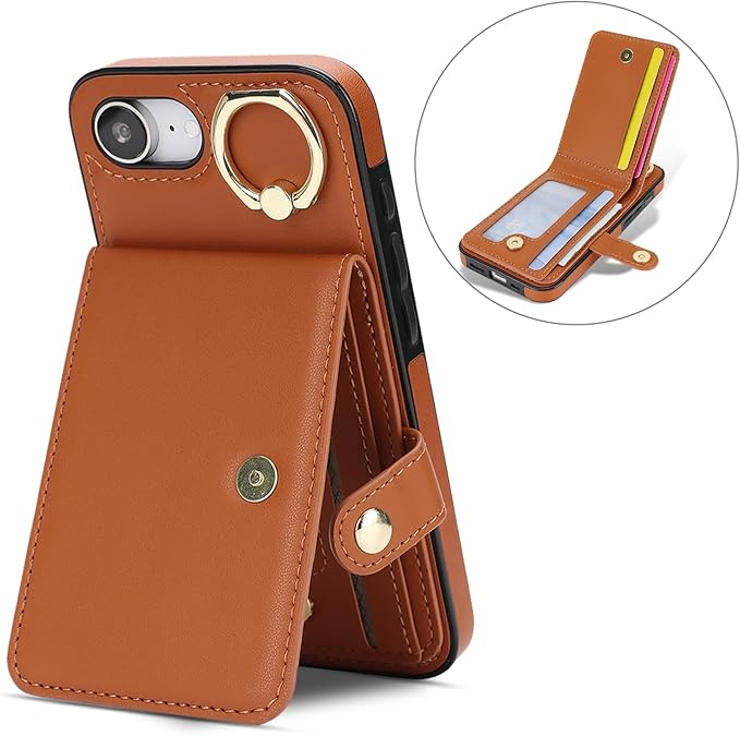 Compatible iPhone 16e Wallet Case with Card Holder RFID Blocking PU Leather Doubles as a Wallet Unisex Flip Shockproof Protection with Card Slots Ring Wrist Kickstand Function,Brown