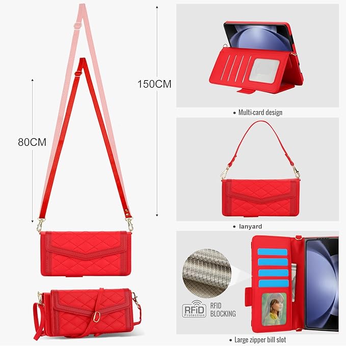 for Samsung Galaxy Z Fold 7 Wallet Case - Stitching Pattern RFID Blocking Card Holder, S Pen Slot Crossbody Strap, Full Body Protection Flip Cover for Women Red
