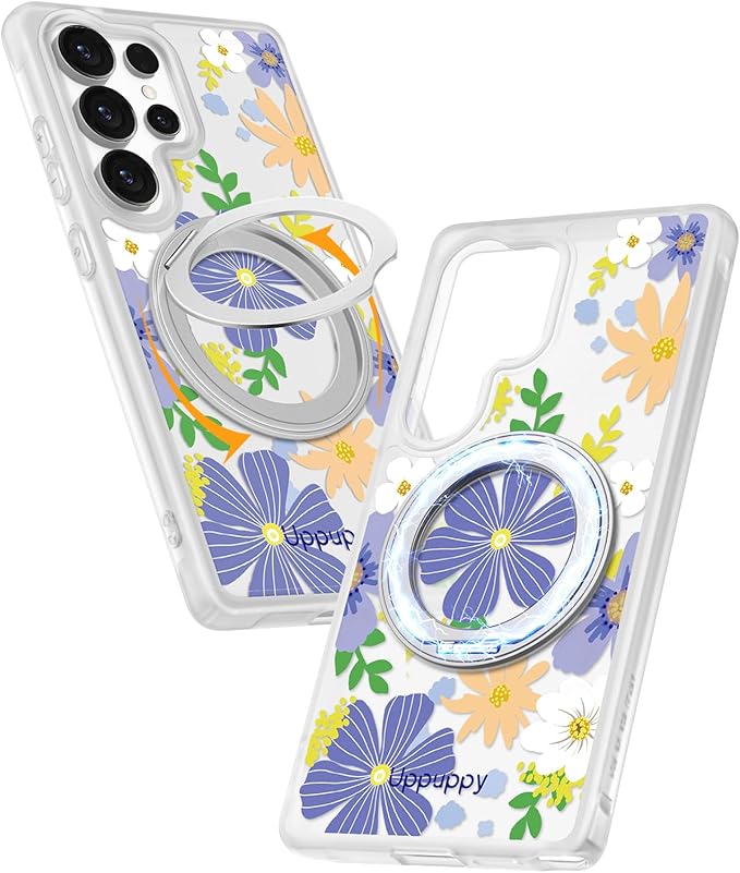 for Samsung Galaxy S25 Ultra Case with 360° Rotatable Magnetic Ring - Compatible with MagSafe, Semi-Transparent Soft-Touch Material Shockproof, Cute Purple Flower Design for Women Girl
