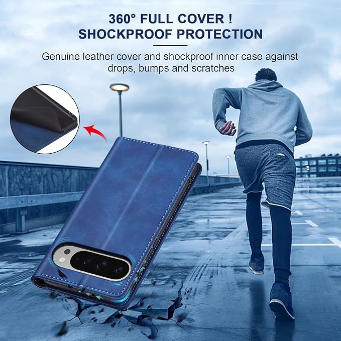 Jasonyu Flip Wallet Case for Google Pixel 9 Pro XL,Leather Magnetic Folio Cover with Card Holder,Kickstand - TPU Shockproof Durable Protective Phone Case,Blue