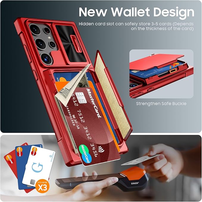 for Samsung Galaxy S24 Ultra Wallet Case with RFID Blocking Card Holder, Camera Cover and Kickstand, Full Body Shockproof Wallet Case for S24 Ultra 6.8Inch 2024 for Women Men-Red(Upgraded)