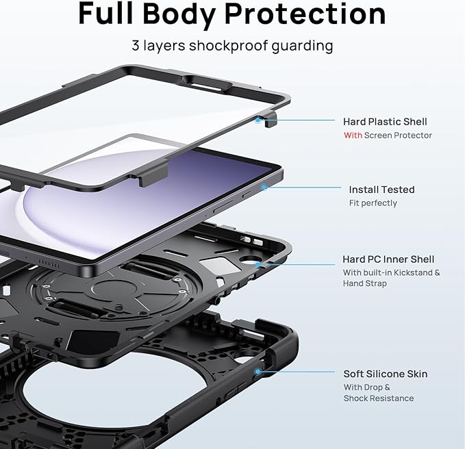 Gerutek Case for Samsung Galaxy Tab A9 Case 8.7" 2023, Full-Body Drop Protection Shockproof Cover with Screen Protector, 360° Rotating Stand, Hand/Shoulder Strap, Pencil Holder, Black
