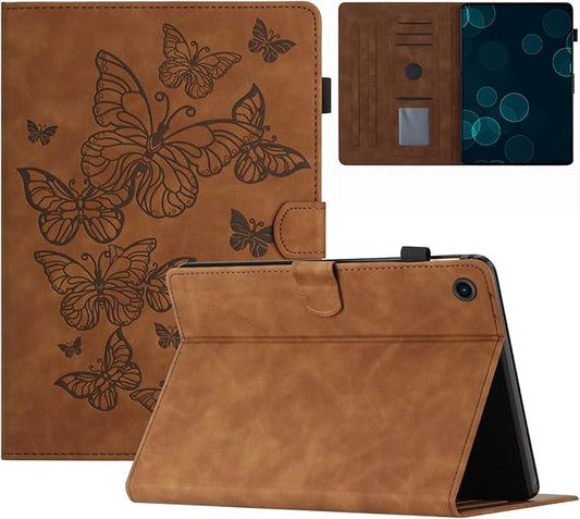 KEROM Case for Samsung Galaxy Tab A9+ Plus 11 Inch 2024 2023 (SM-X210/X216/X218), Embossed Suede Leather Folio Stand Cover with Auto Wake/Sleep & Card Slot & Pen Holder - Brown Butterfly Embossing