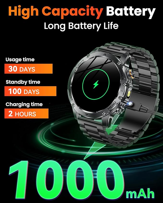 Military Smart Watches for Men, 1.7″ Smart Watch with 1000 mAh Battery, Led Flashlight, Answer/Make Calls, Heart Rate/Sleep Monitor 100+ Sport Modes Fitness Watch for Android/iPhone (2 Straps)