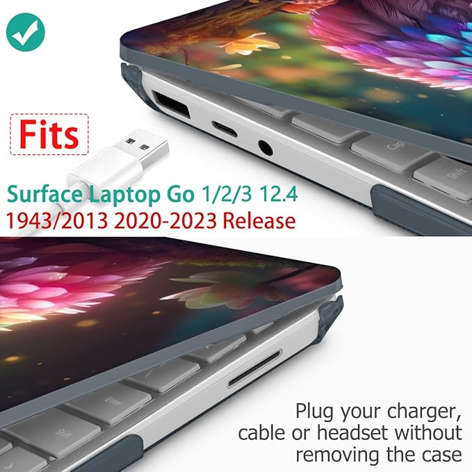 Tuiklol Case for 12.4 Inch Microsoft Surface Laptop Go 3/2 / 1 2023-2020 Releases, Plastic Hard Shell Case with Screen Protector and Keyborad Cover +Dust Plugs Model 2013/1943,Rainbow owl