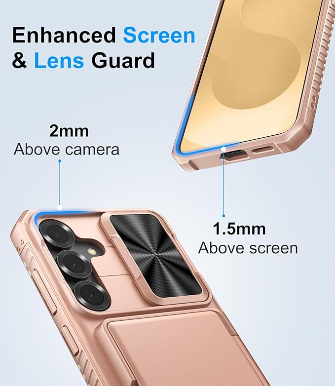 for Samsung Galaxy S25+ Plus Phone Case Wallet, Card Holder (4-5 Cards), RFID Block, Slide Camera Cover, Military Drop, Rugged Heavy Duty Men Women Cases for Samsung Galaxy S25+ Plus, Rose Gold