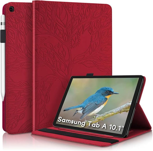 Portfolio Cover for Galaxy Tab A 10.1 Inch, Unique Tree Design with Hidden Card Slots, Slim and Lightweight, Precise Cutouts Tablet Case Compatible with Samsung Galaxy Tab A 2019 SM-T510 T515 Wine Red
