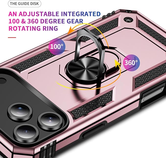 ADDIT Compatible with iPhone 17 Pro Case with Tempered Glass Screen Protector, Adjustable Kickstand Ring, Military-Grade Heavy Duty Protection, Shockproof, Anti-Fingerprint,Rose Gold
