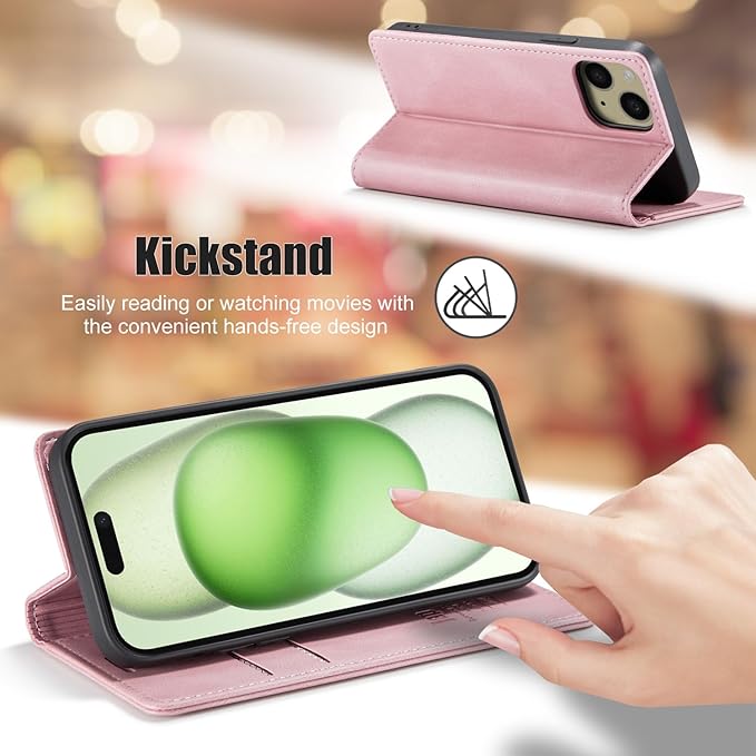 japezop iPhone 15 Plus 5G Wallet Case with RFID Blocking, Card Holder Kickstand Magnetic Leather Flip Case Wallet for iPhone 15 Plus 5G 6.7 Inch(Pink)