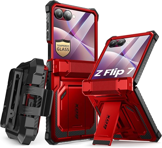 i-Blason for Samsung Galaxy Z Flip 7 Case with Stand, [Tempered Glass Screen Protector] [Hinge Protection] [Belt-Clip], Full-Body Military Protection Phone Case for Samsung Z Flip 7, Armorbox, Red