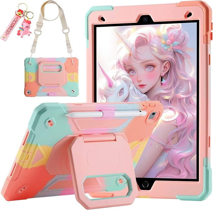 for iPad 9th/ 8th/ 7th Generation Case (iPad 10.2 inch Shockproof Case) with 360 Rotating Grip Magic Stand, Pencil Holder/Keychain/Carrying Shoulder Strap, for iPad 10.2 inch Girls (Colourful)