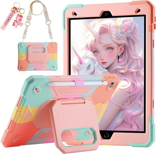 for iPad 9th/ 8th/ 7th Generation Case (iPad 10.2 inch Shockproof Case) with 360 Rotating Grip Magic Stand, Pencil Holder/Keychain/Carrying Shoulder Strap, for iPad 10.2 inch Girls (Colourful)
