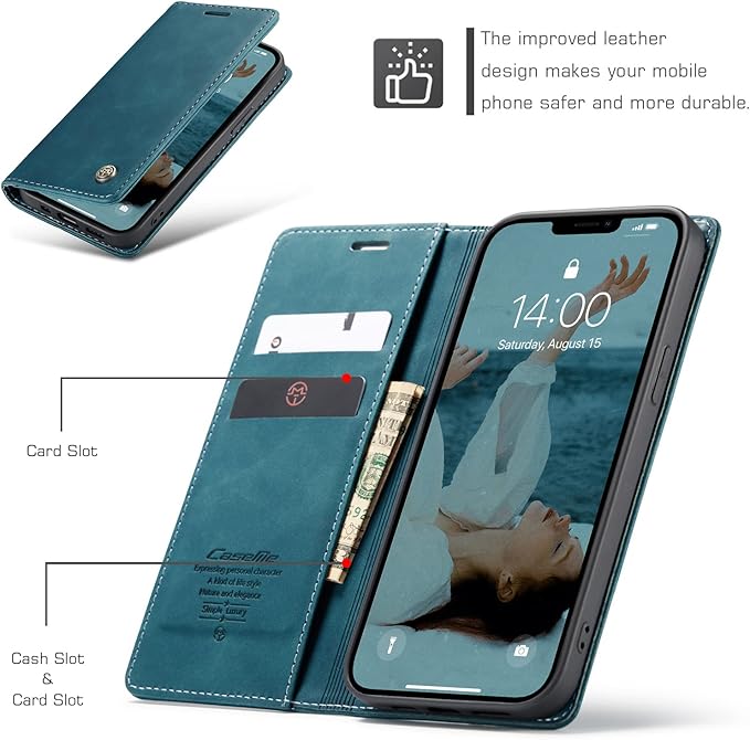 for iPhone 13 Pro Max Case, Flip Wallet Leather Case with Card Holder Magnetic Closure Shockproof Kickstand Protective Phone Cases Cover for iPhone 13 Pro Max, Blue-Green