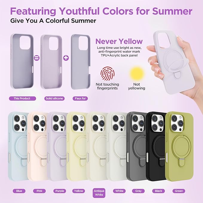 Magnetic Stand for iPhone16 Pro Case with Kickstand 【Lab-Certified Protection】【Not Yellowing】【Anti-Fingerprint】 Durable, Enhanced Grip, Slim，Purple，iPhone 16 Pro 6.3"
