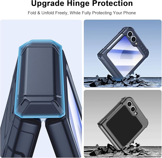 Military-Grade Protection ZFlip 6 / ZFlip 7 FE Case for Samsung Galaxy Z Flip 6 & Flip 7 FE: Shockproof TPU Frame, Hinge Protection, Glass Screen Protector, Anti-Slip Rugged Phone Cover (Dark Blue)