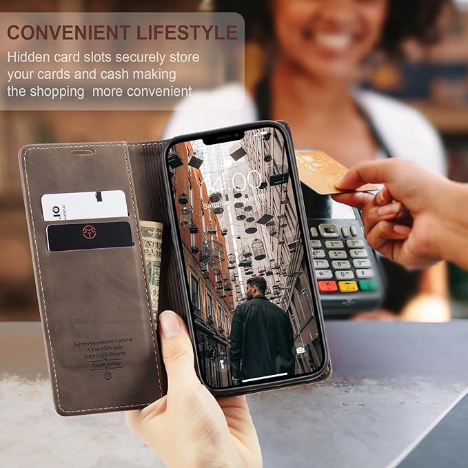 for iPhone 13 Pro Case, Flip Wallet Leather Case with Card Holder Magnetic Closure Shockproof Kickstand Protective Phone Cases Cover for iPhone 13 Pro, Coffee