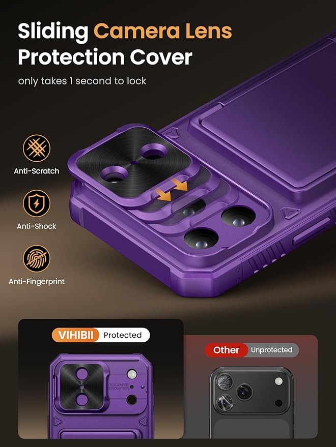 Vihibii for iPhone 17 Pro Case Wallet with Card Holder (4 Cards) [RFID Blocking] & Slide Camera Cover, Military Grade Drop Protection, Hard Back & Silicone Edge Phone Case 6.3" 5G 2025, Dark Purple