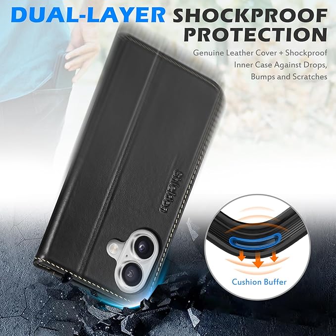 SHIELDON Genuine Leather Case Wallet for iPhone 17 6.3-inch 5G 2025 | Folio, Magnetic Closure, RFID Blocking 3 Card Slots, Kickstand, Book Design, Full Protective Cover - Retro Black