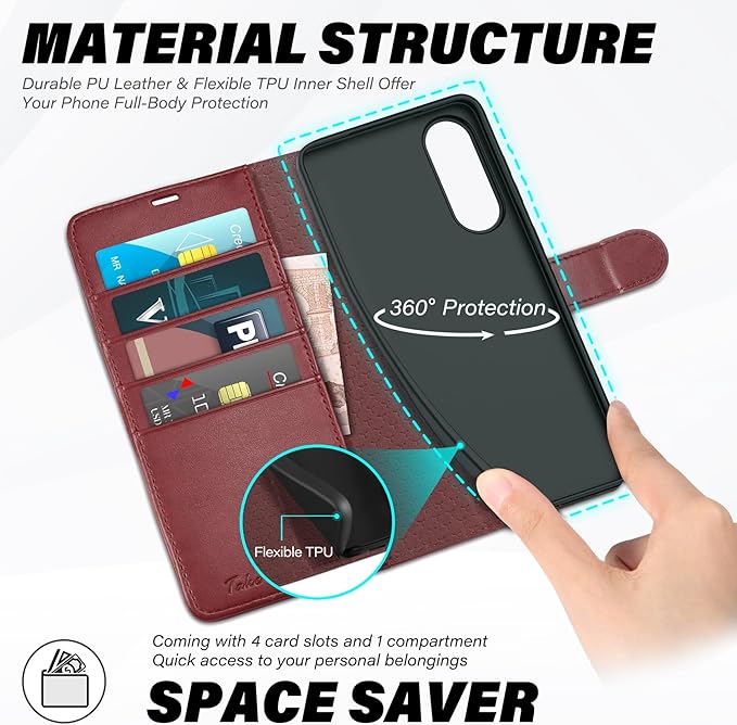 TUCCH Wallet Case for Galaxy S25 Edge, Magnetic Kickstand RFID Blocking [4 Card Slots] Folio PU Leather Protective Flip Cover with TPU Shockproof Inner Case Compatible with Galaxy S25 Edge, Dark Red