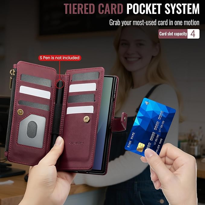 Vinich for Samsung Galaxy Z Fold 7 Wallet Case with Card Holder, Detachable Strap RFID Blocking Credit Slots Kickstand Shockproof Phone Cover for Women Men, Burgundy