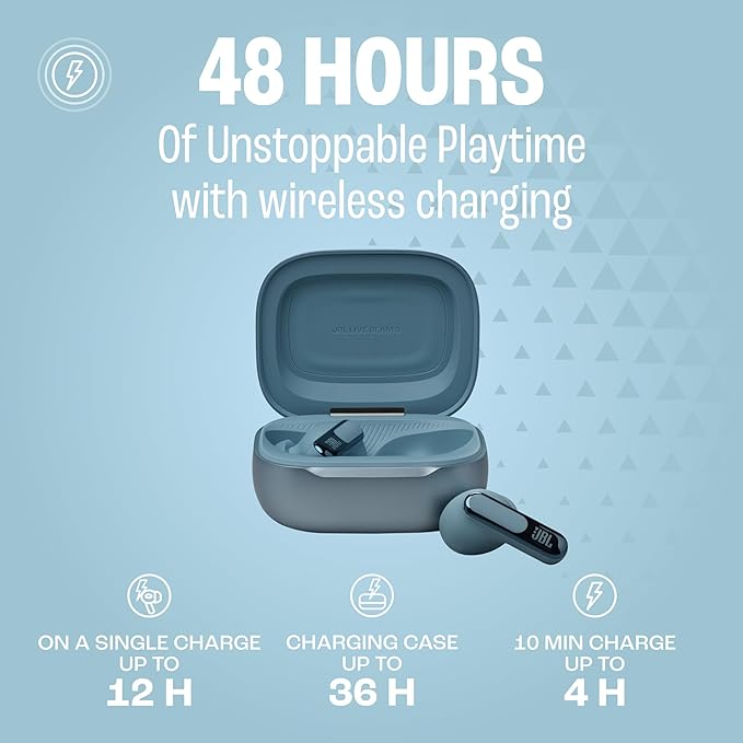 JBL Live Beam 3 - True Wireless Noise-Cancelling Closed-Stick Earbuds, 48Hrs Total Playback, Wireless Charging, 6 Mics for Perfect Calls, Multi-Point Connection, IP55 Waterproof and dustproof (Blue)