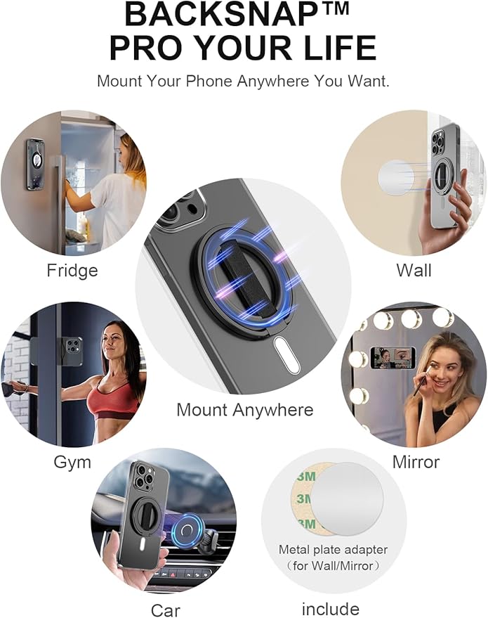 EWA MagOne Ultra for Magsafe Phone Grip Kickstand [Replaceable Elastic Finger Loop], Mag Safe Ring Holder Stand, Two-Sided Magnetic Phone Accessories for iPhone 17,16,15,14,13,12 Pro/Max/Plus-Black