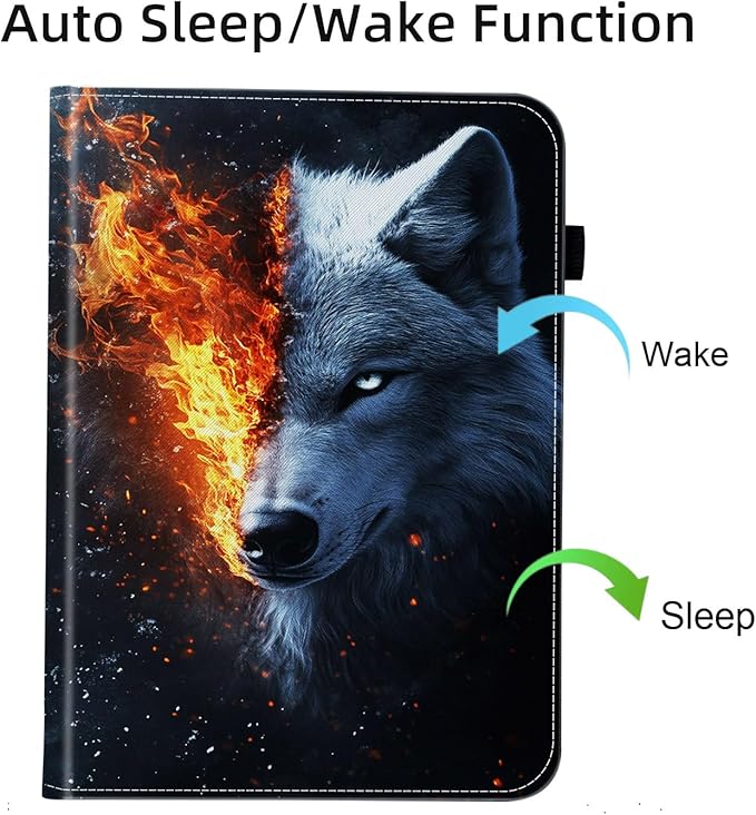 Case for Samsung Galaxy Tab S9 FE 5G 10.9 Inch/Galaxy Tab S9 11 Inch 2023,Card Slot PU Leather TPU Case Pen Holder Auto Wake Sleep,Wolf in The Fire