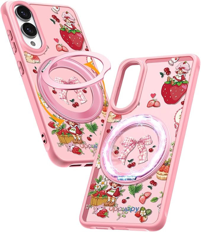 for Samsung Galaxy S25 Edge Case with 360° Rotatable Magnetic Ring - Compatible with MagSafe, Semi-Transparent Soft-Touch Material Shockproof, Cute Pink Strawberry Design for Women Girl