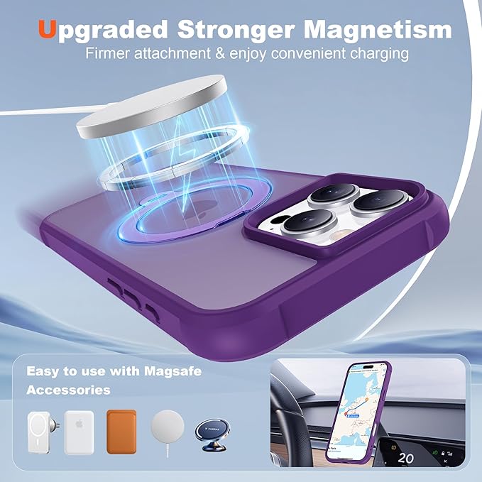 Compatible with iPhone 16 Pro Case with Invisible Magnetic 360°Spin Stand,Military-Grade Shockproof Protection [Compatible with Mag-Safe] Non-Slip Edge Translucent Case (6.3",Purple)
