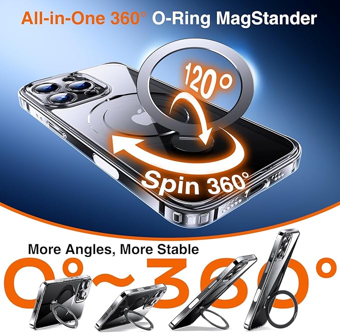 360° O-Ring MagStander for iPhone 16 Pro Case with Magnetic Kickstand Ring Holder [Compatible with MagSafe][360°Rotate Stand Ring][Military Shockproof] iPhone 16 Pro Phone Cover Clear
