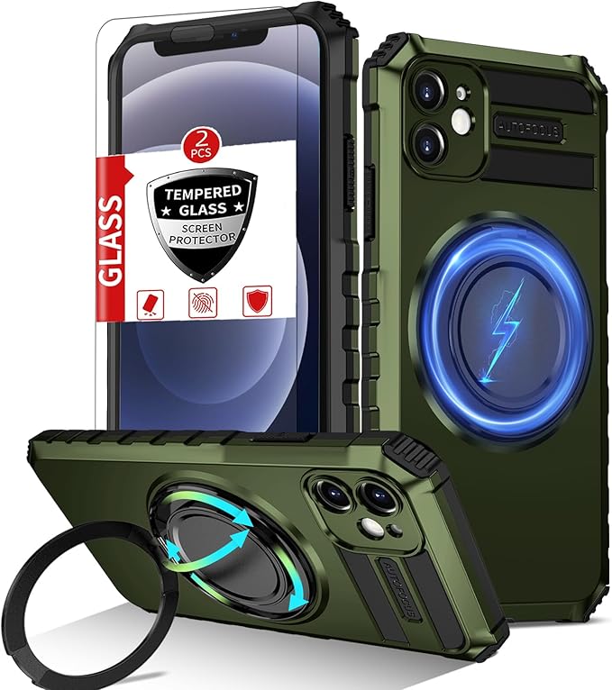 Magnetic for iPhone 12 Case Compatible with MagSafe Wireless Charging,12 Phone Case with 2 Screen Protectors,Built-in Kickstand Ring Military Grade Drop Shockproof Heavy Duty Protection Green