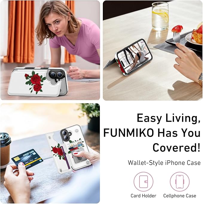 FUNMIKO for iPhone 16 Plus Wallet Case with Card Holder, RFID-Blocking, Military-Grade Protection & UV-Printed Artwork, Magnetic Closure with Leather Kickstand - Blooming Red Rose