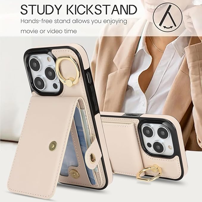 Compatible iPhone 16 Pro Wallet Case with Card Holder RFID Blocking PU Leather Doubles as a Wallet Unisex Flip Shockproof Protection with Card Slots Ring Wrist Kickstand Function,White