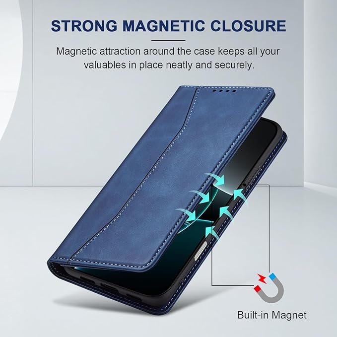 Jasonyu Flip Wallet Case for iPhone 16 Pro,Leather Magnetic Folio Cover with Card Holder,Kickstand - TPU Shockproof Durable Protective Phone Case,Blue