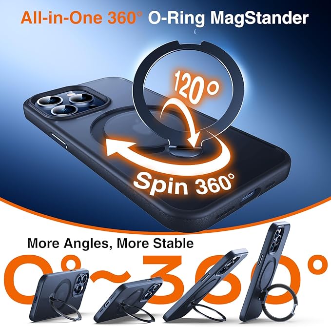 360° O-Ring MagStander for iPhone 13 Pro Case with Magnetic Kickstand Ring Holder [Compatible with MagSafe][360°Rotate Stand Ring][Military Shockproof] iPhone 13 Pro Phone Cover Matte Blue