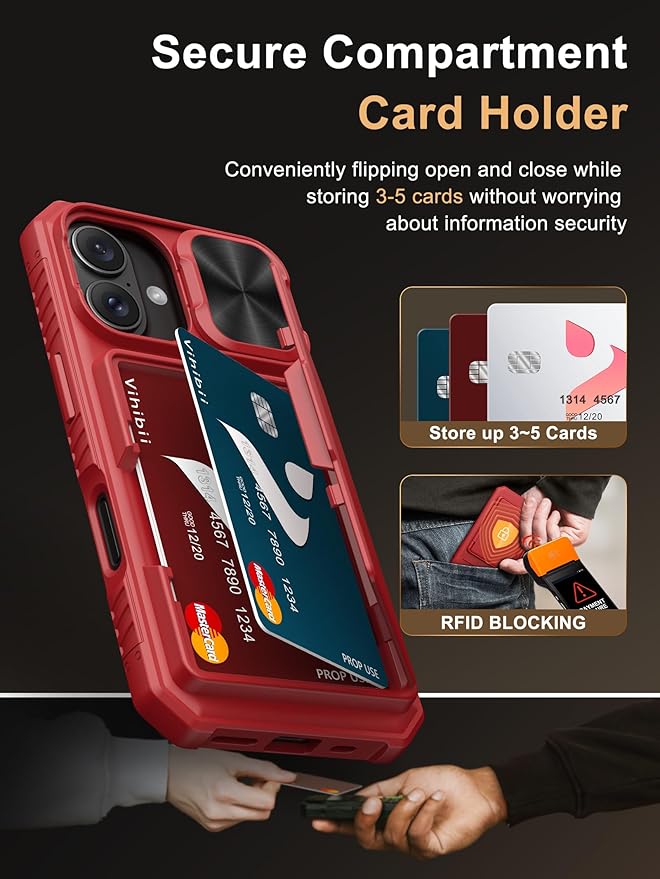 Vihibii for iPhone 16 Wallet Case with Card Holder (4 Cards) [RFID Blocking] & Slide Camera Cover & Raised Edges Protect Screen, Shockproof Rugged Phone Cover for iPhone 16 6.1" 2024, Red