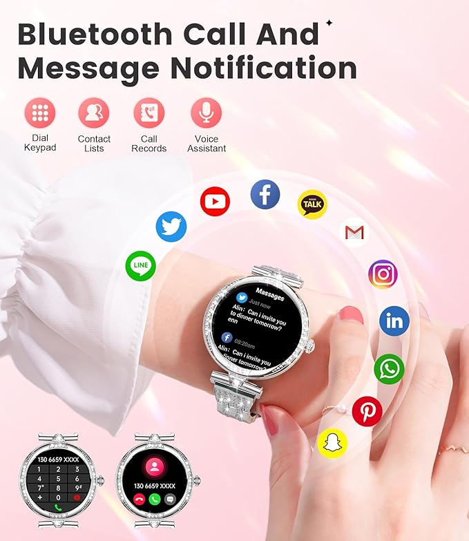LIGE Smart Watches for Women (Answer/Make Call) with Diamonds，1.19” AMOLED Smartwatch,IP68 Waterproof Fitness Tracker 120 Sport Modes Pedometer for Android iOS,Sliver