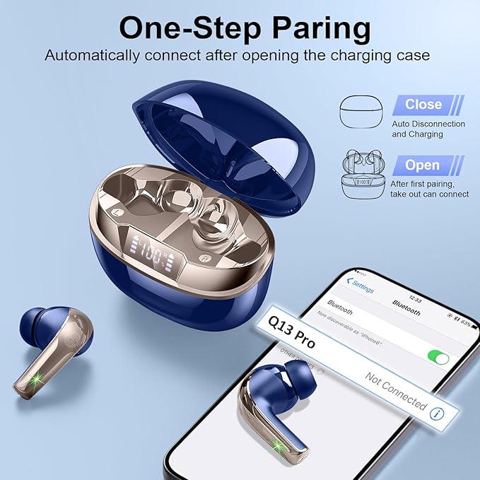 Wireless Earbuds, Bluetooth 5.4 Headphones in Ear, Mini Bluetooth Earbuds HiFi Stereo Deep Bass with 4 ENC Noise Cancelling Mic, Wireless Ear Buds 47H Long Playtime LED IP7 Waterproof USB-C(Blue)