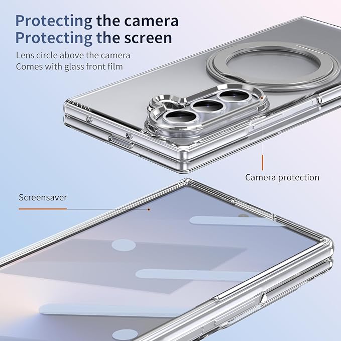 for Samsung Galaxy Z Fold 7 Case with Magnetic Ring Holder, 360 Rotating Bracket, Built-in Front Screen Len Protector, Anti-Yellowing & Anti-Fingerprint Crystal Clear Case.(Silver)