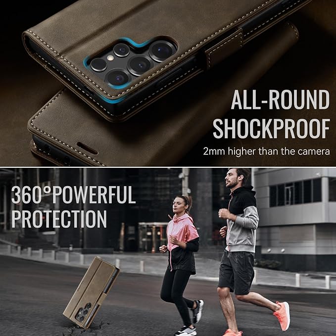 Wallet Case for Samsung Galaxy S24 Ultra Leather Wallet Flip Cover with Card Holder, Kickstand, Magnetic Closure, RFID Blocking TPU Shockproof Phone Case Compatible with S24 Ultra, Coffee