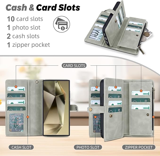 TwoHead for Samsung Galaxy S24 Ultra Wallet Case with Card Holder & Detachable Magnetic Phone Case for Galaxy S24 Ultra,PU Leather Shockproof Protective Phone Cover Wallet(6.8 in,Gray)